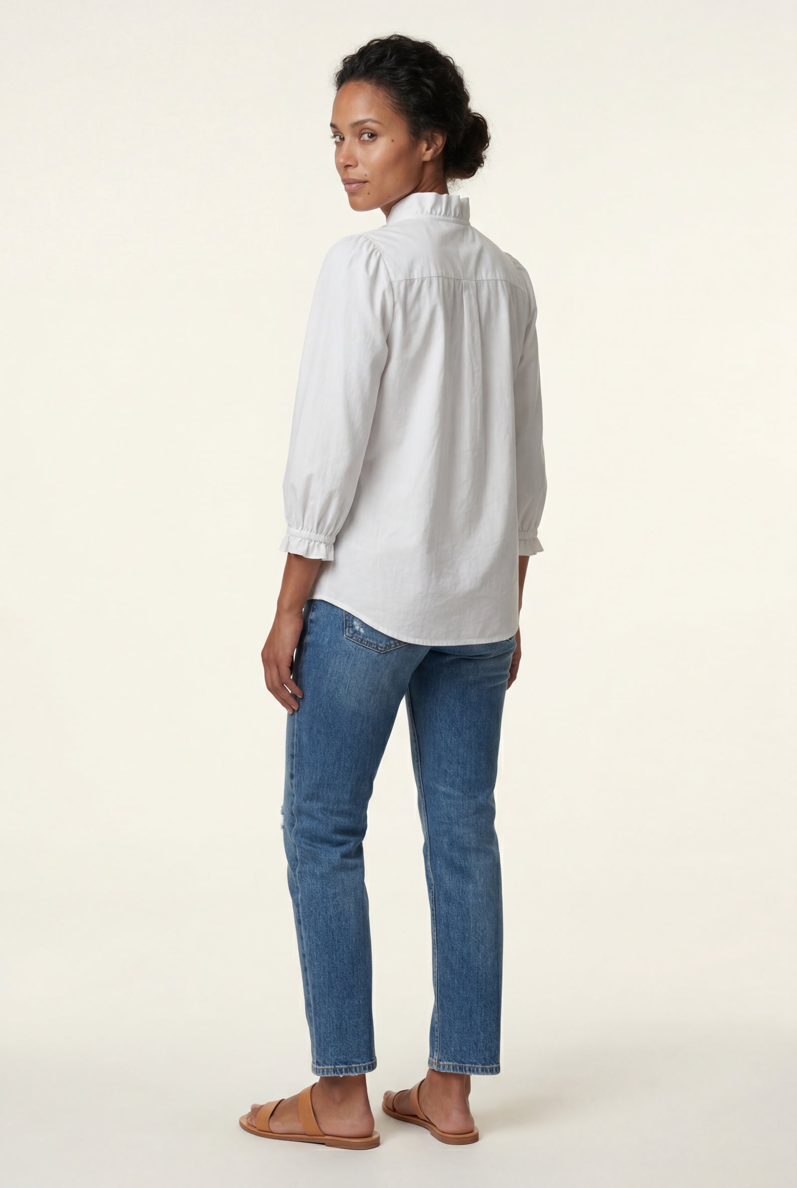 White Ruffle Trim V-neck Long Sleeve Blouse - Blouses - Photo 2