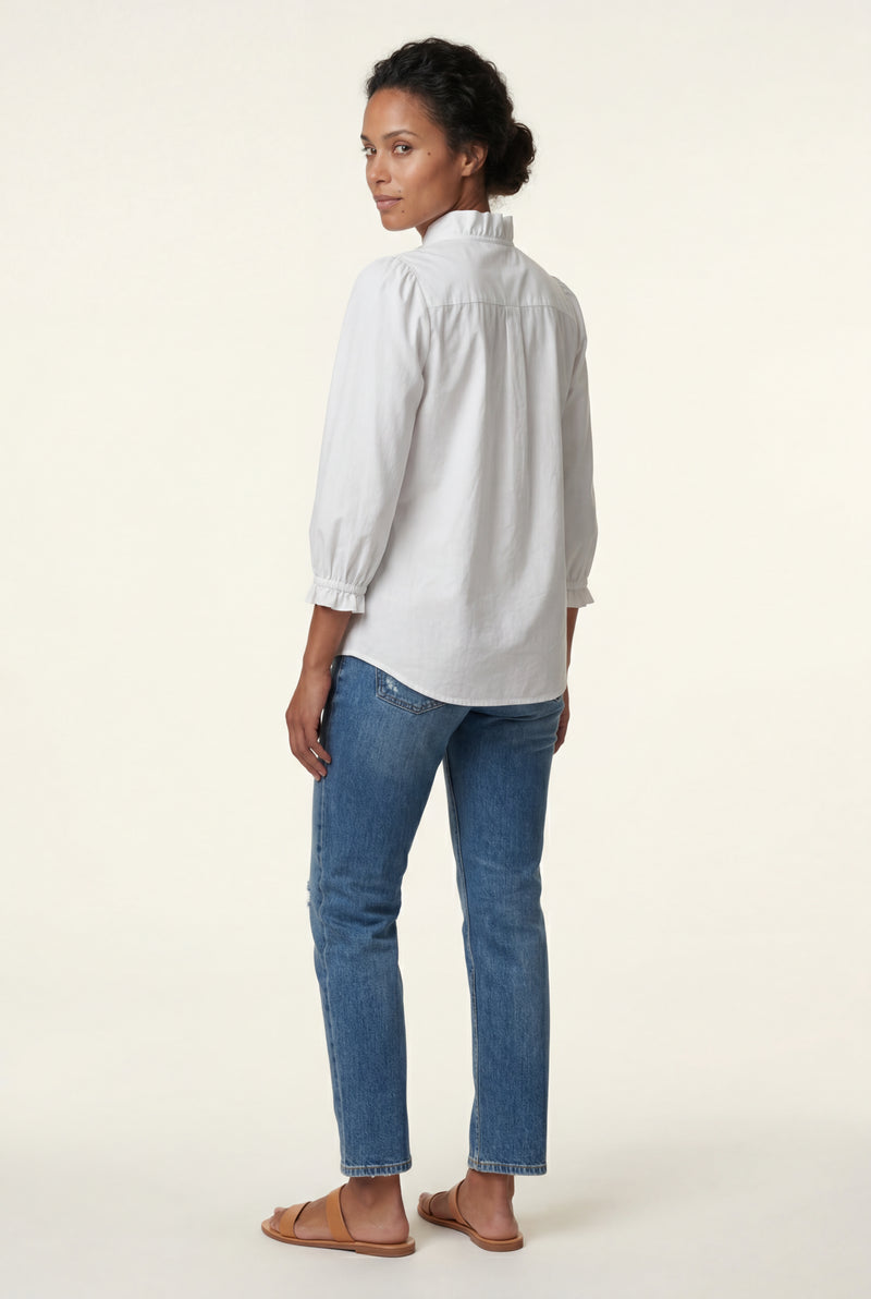 White Ruffle Trim V-neck Long Sleeve Blouse - Blouses - Photo 2