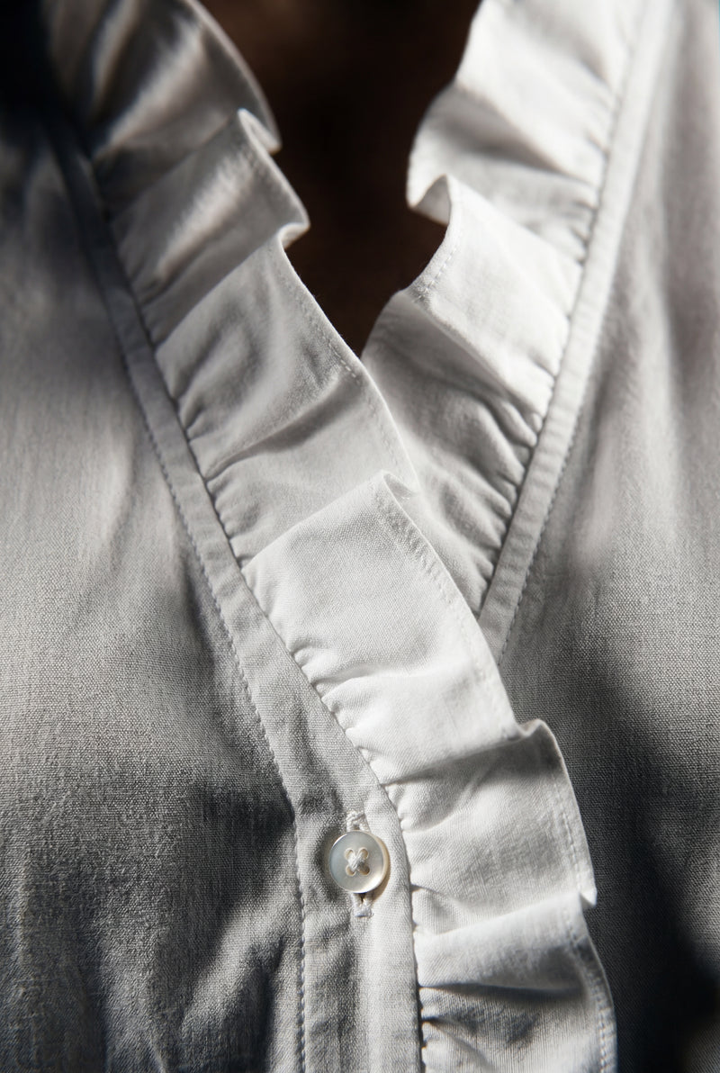 White Ruffle Trim V-neck Long Sleeve Blouse - Blouses - Photo 3