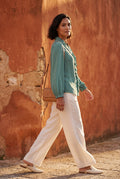 Green Ruffle Trim V-neck Long Sleeve Blouse - Blouses - Photo 5