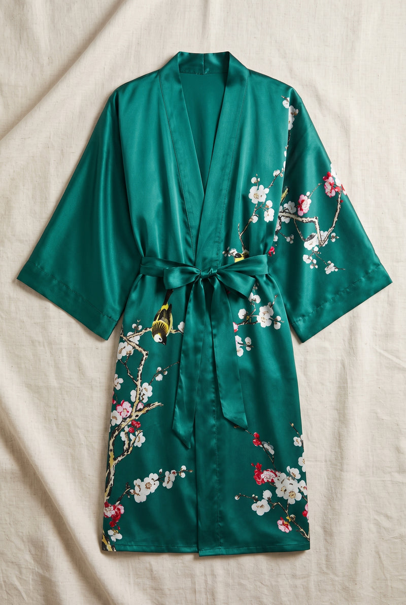 Silk Kimono Robe in Green — studio front