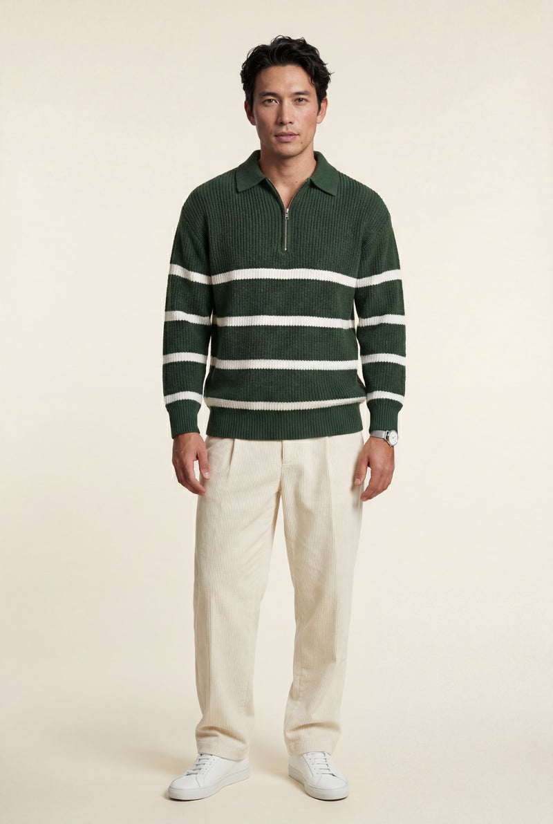 Green Striped Half-zip Sweater with Collared Neckline - Knit sweaters - Photo 1