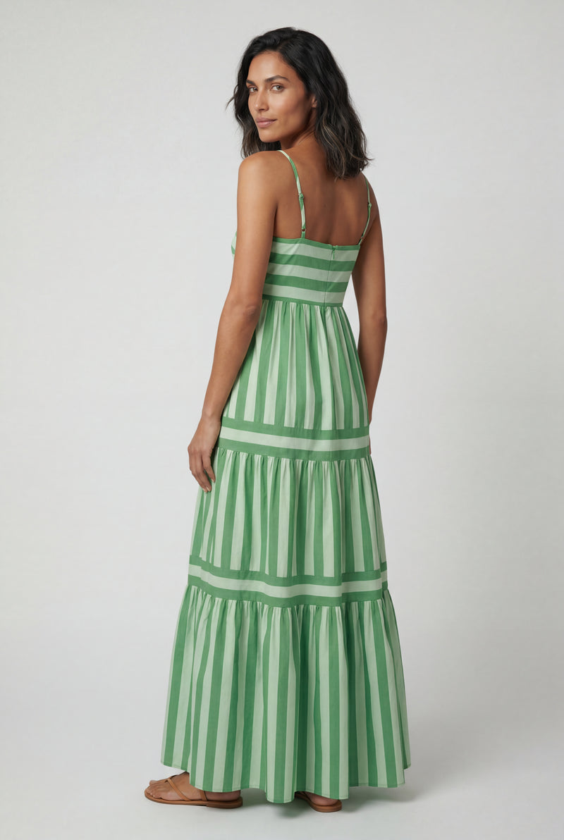 Green Striped Tiered Maxi Dress with Spaghetti Straps - Photo 2