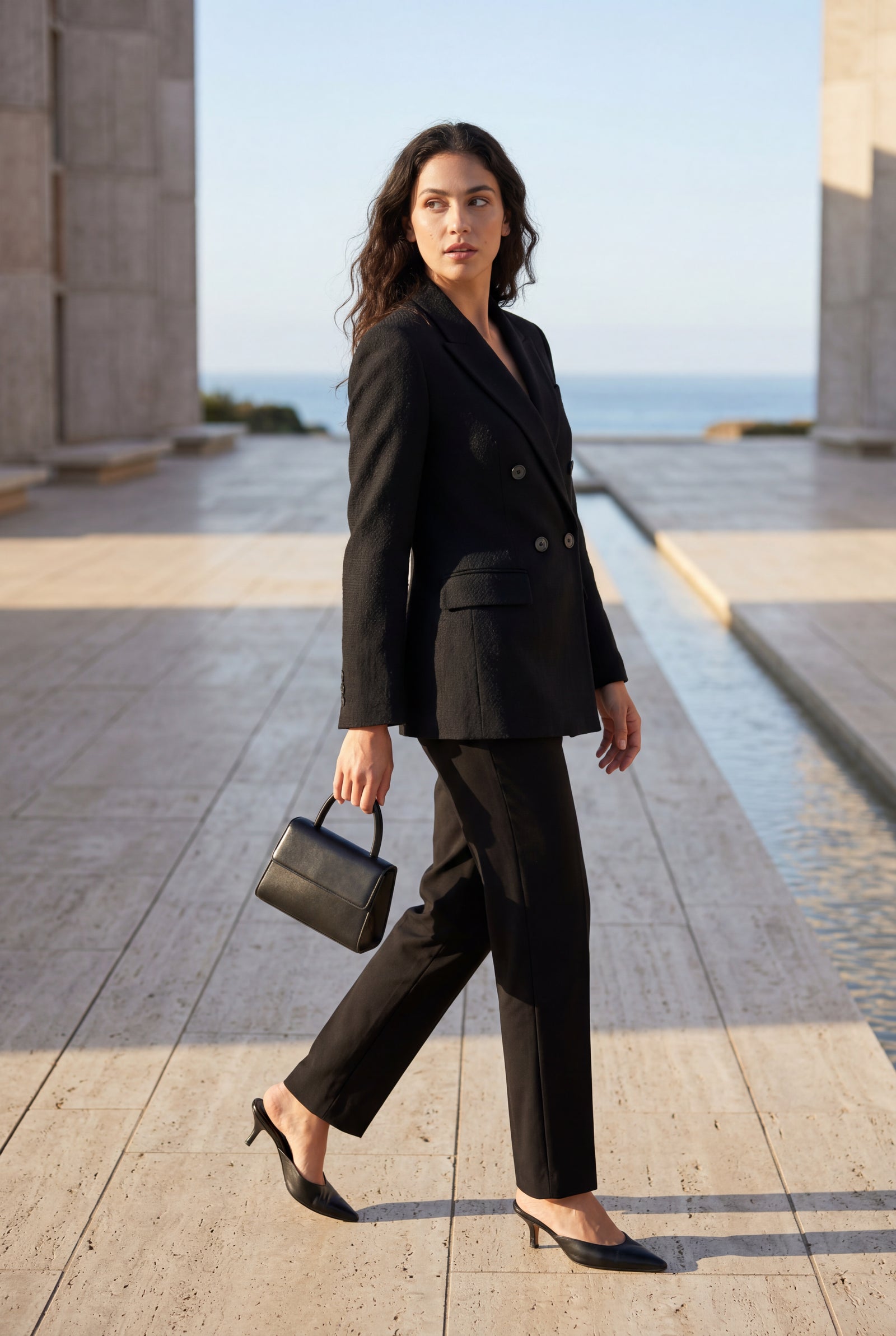 Black Structured Double-breasted Blazer with Notched Lapels - Double breasted blazer - Photo 6