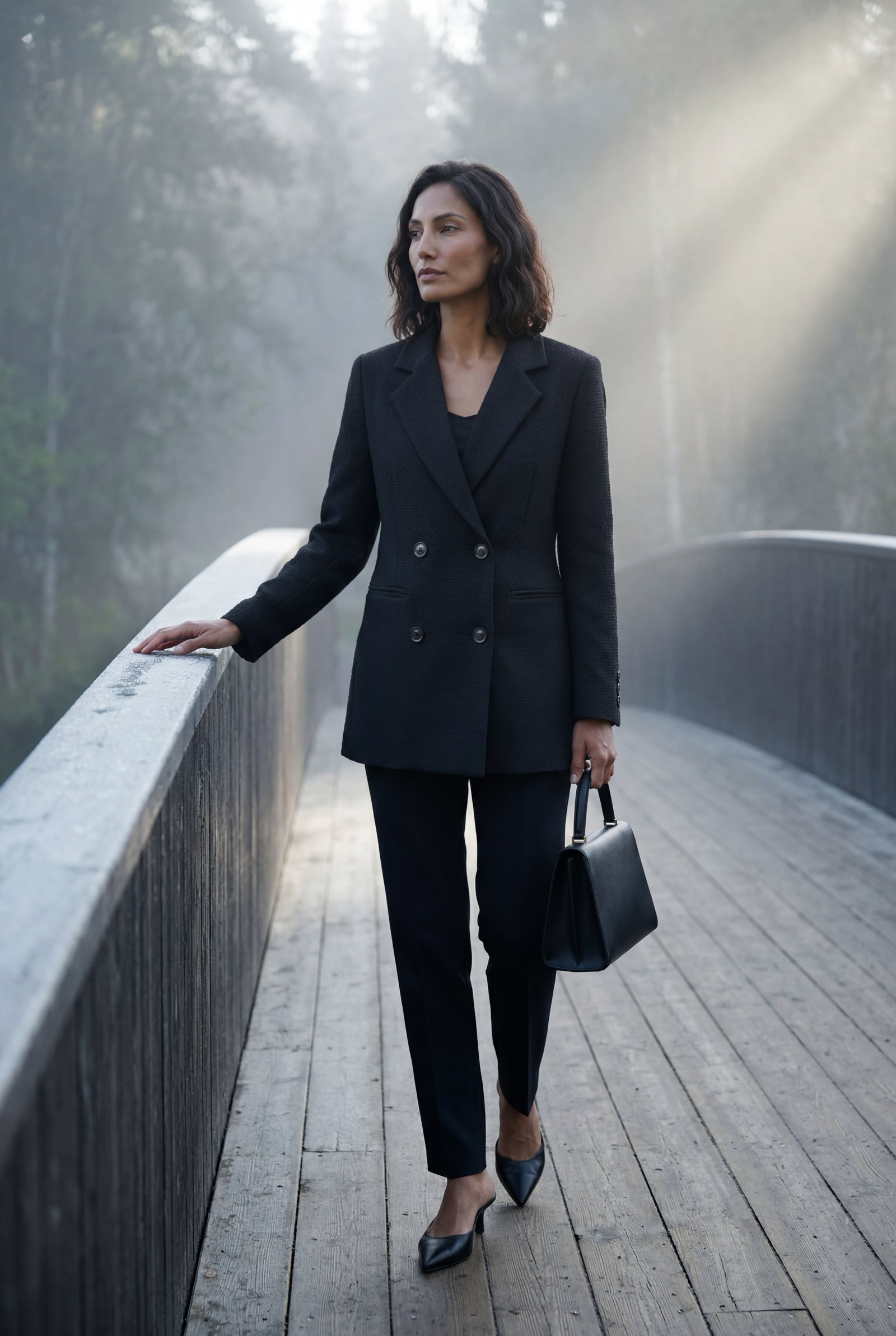 Black Structured Double-breasted Blazer with Notched Lapels - Double breasted blazer - Photo 7