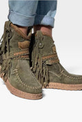 Suede Fringe Ankle Boots in Green — side