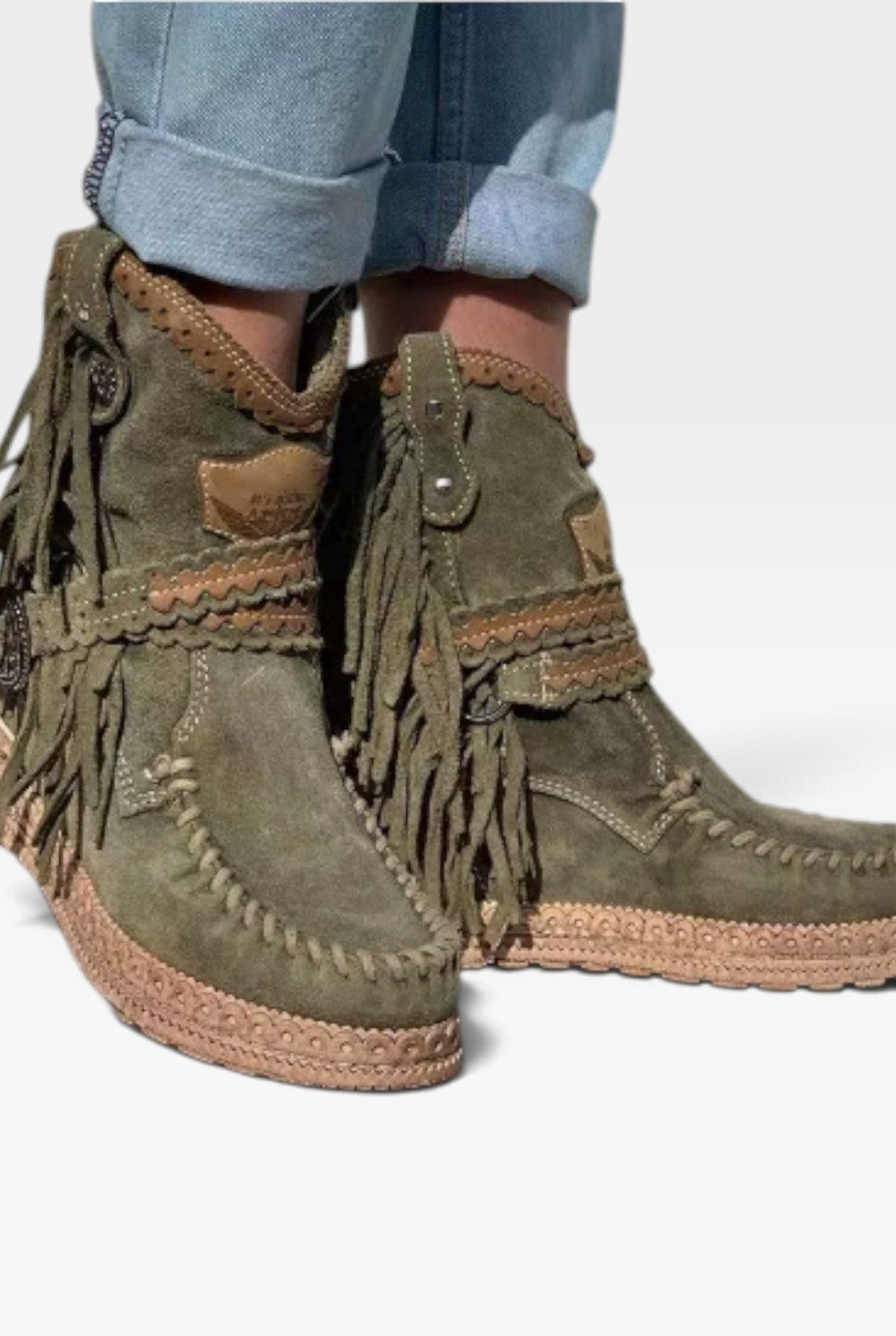 Suede Fringe Ankle Boots in Green — side