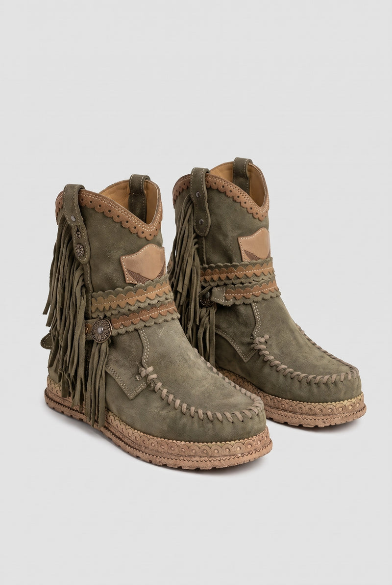 Suede Fringe Ankle Boots in Green — Stilenza main image