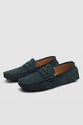 Suede Moccasin Loafers in Green — studio front
