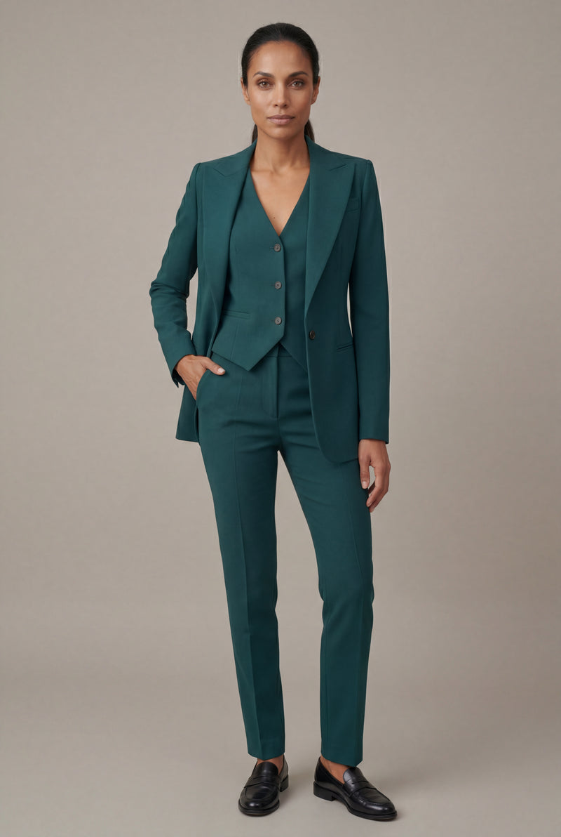 Green Tailored Three Piece Suit Set with Buttoned Vest - Women suit sets - Photo 3