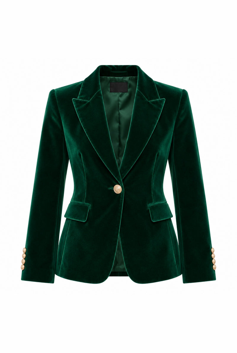 Velvet Blazer with Notch Lapels in Green — front view