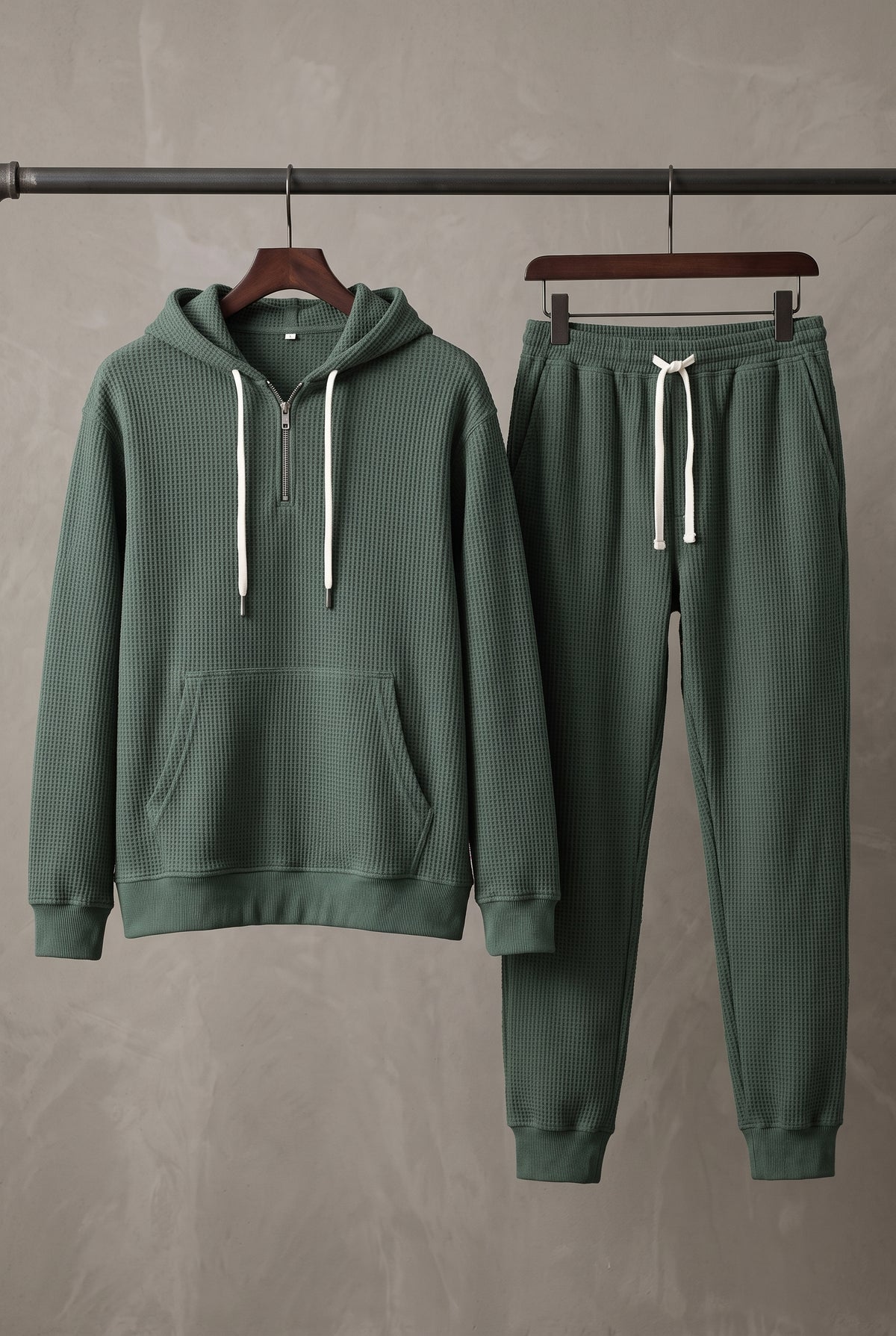 Waffle-Knit Hoodie Set in Green — studio front
