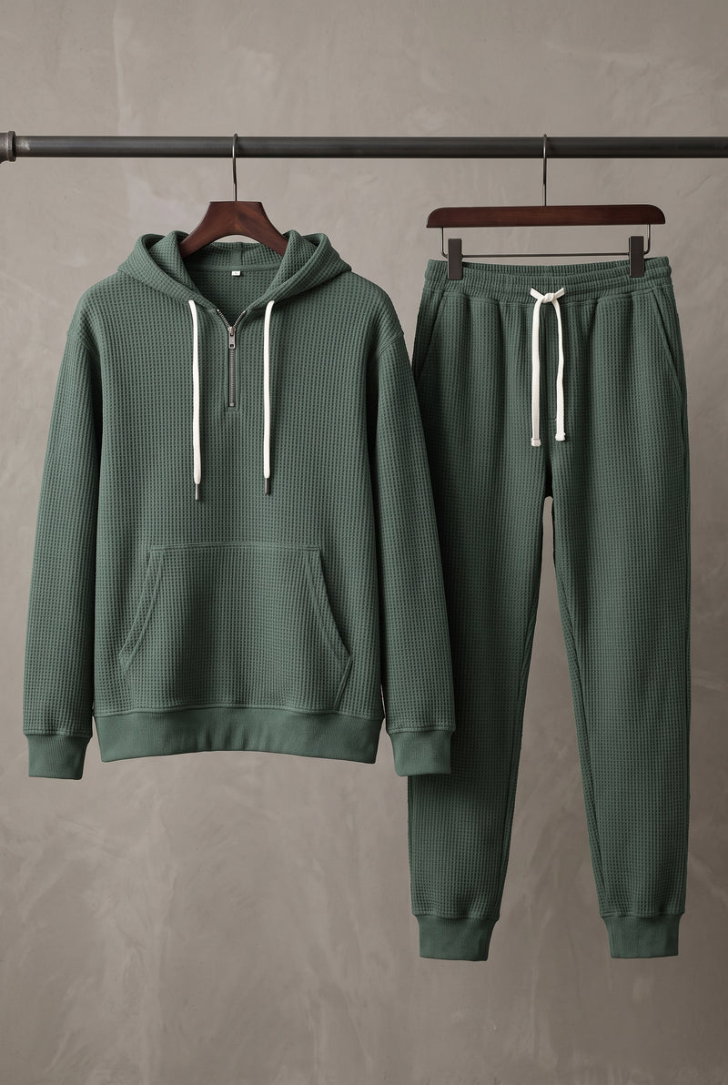Waffle-Knit Hoodie Set in Green — studio front