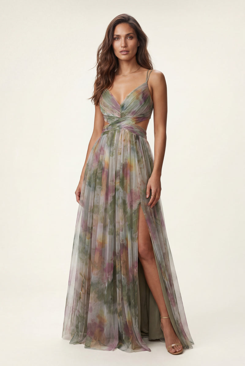 Green Watercolor Floral Pleated Maxi Dress with Thigh-high Slit - Photo 1