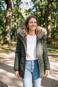 Women's Jacket Faux Fur Collar in Green — park path