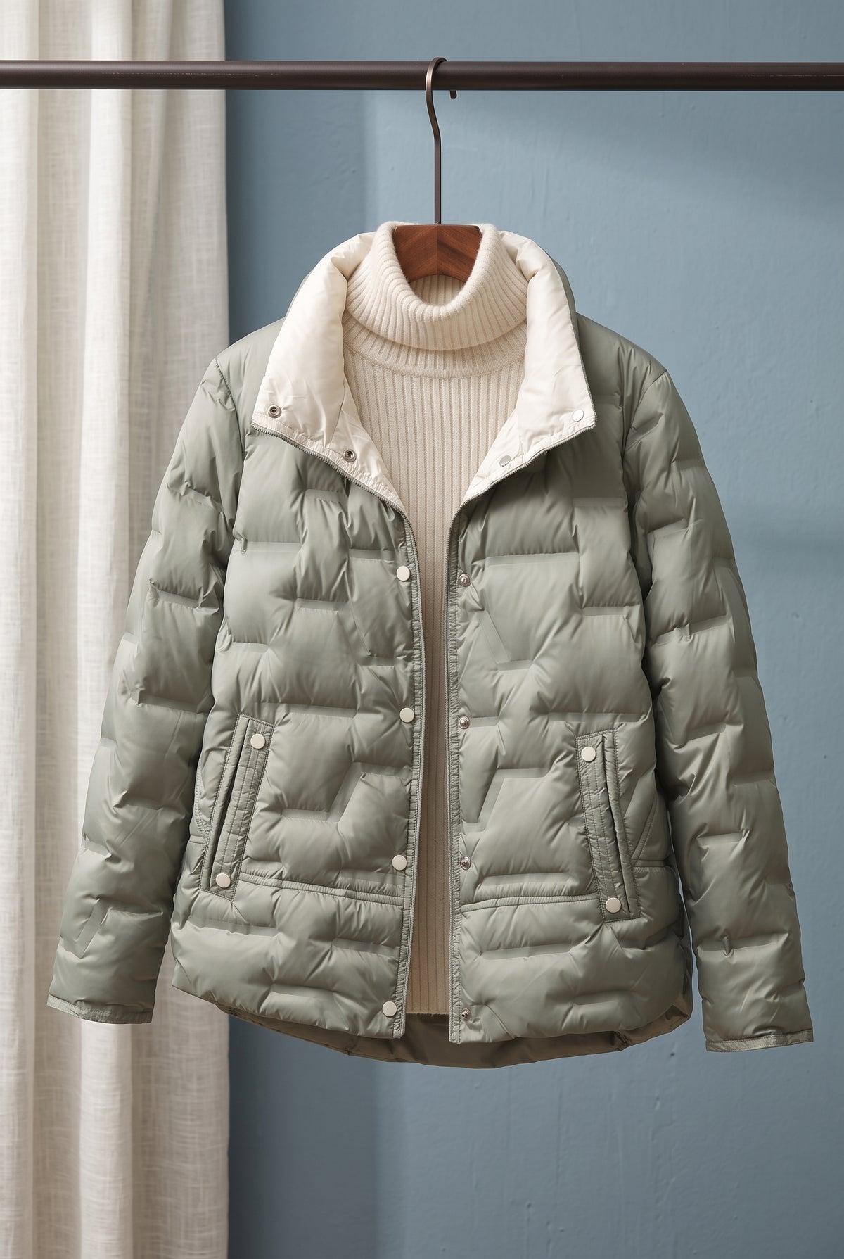 Quilted Down Jacket in Green — studio front