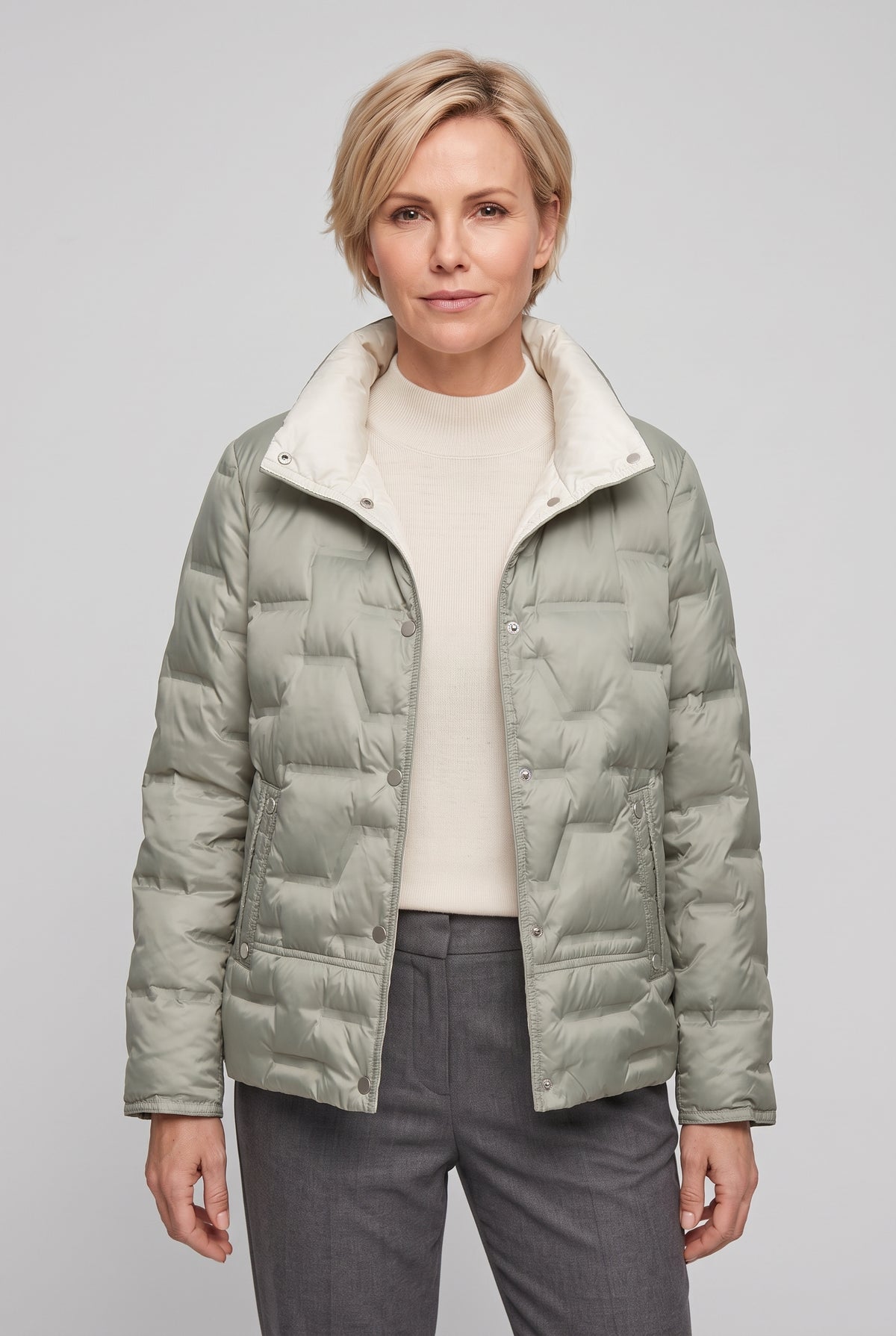 Women's Quilted Puffer Jacket with Stand Collar in Green — studio front