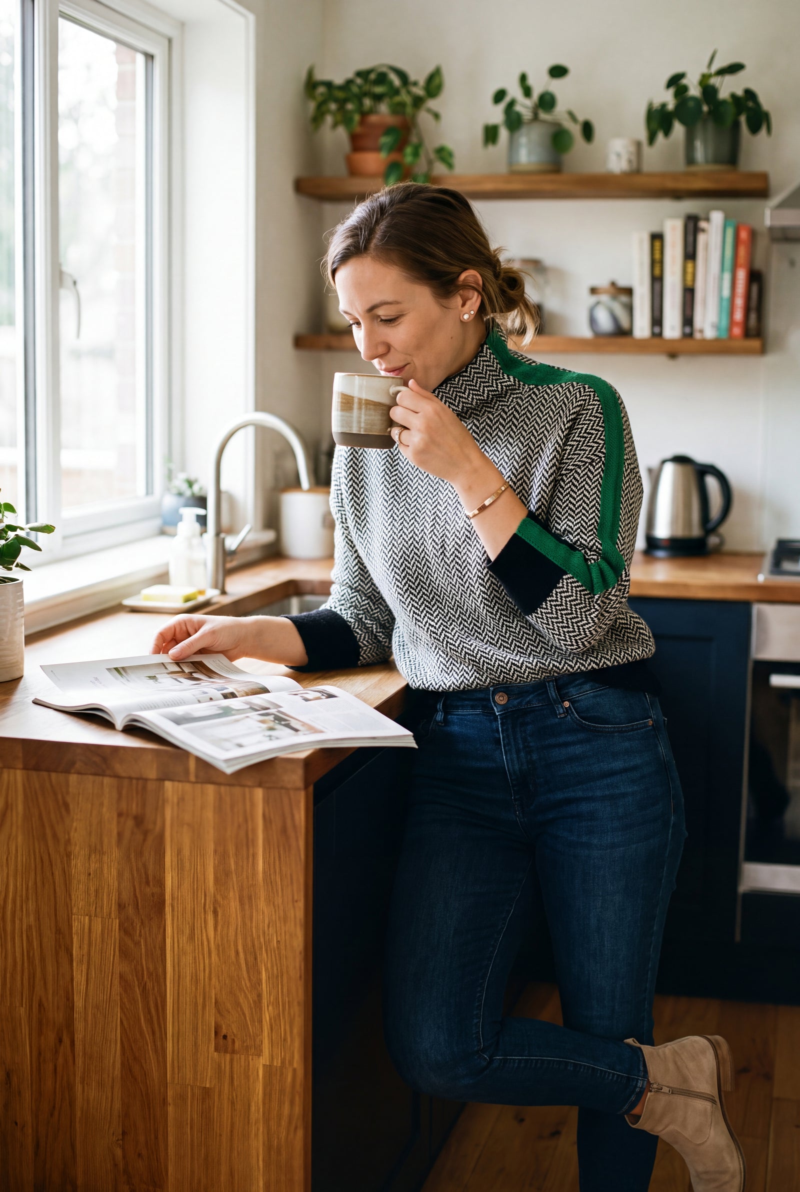 Women's Sweater Contrast Stripe Mock Neck in Green — home casual