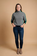 Women's Sweater Contrast Stripe Mock Neck in Green — studio front