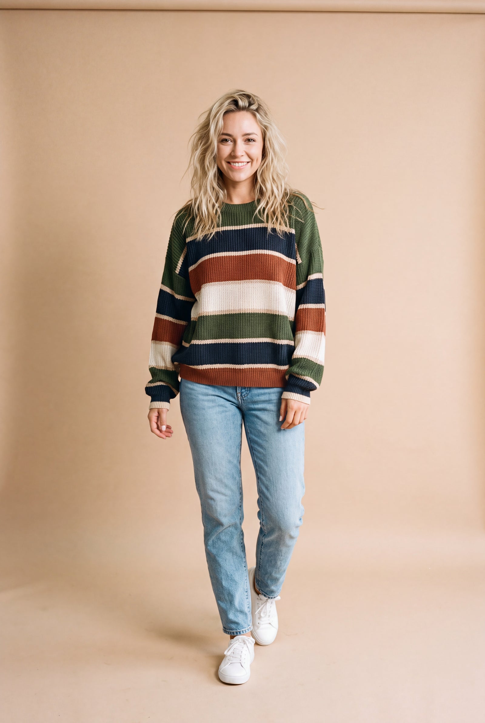 Women's Sweater Striped Relaxed Fit in Green — studio full body