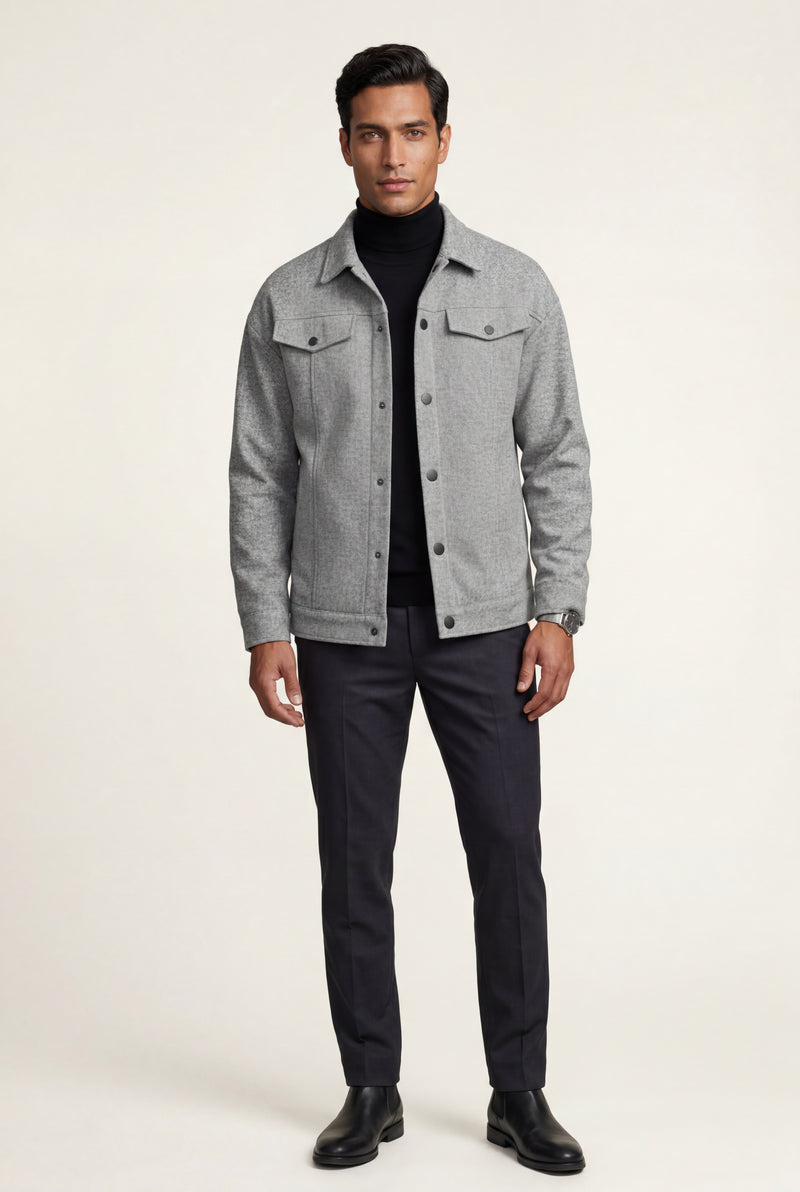 Grey Men's Structured Snap Front Classic Trucker Jacket - Casual jackets - Photo 1