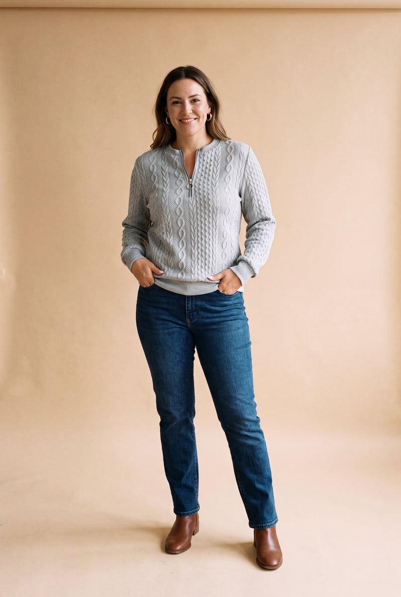 Women's Jumper Half-Zip Fitted Cable Knit in Grey — primary studio