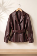 Sheepskin Belted Jacket in Brown — studio front