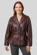 Sheepskin Belted Jacket in Brown — studio front