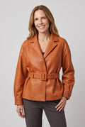 Sheepskin Belted Jacket in Orange — studio front