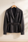 Sheepskin Belted Jacket in Black — studio front
