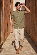 Olive Band Collar Shirt and Drawstring Trouser Casual Set - Photo 11