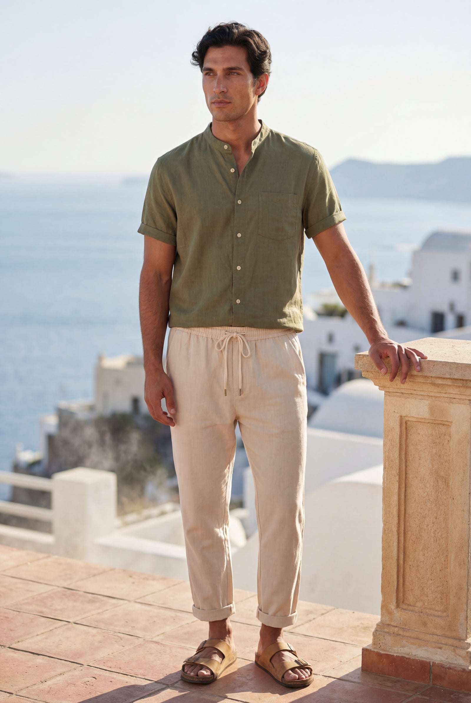 Olive Band Collar Shirt and Drawstring Trouser Casual Set - Photo 13