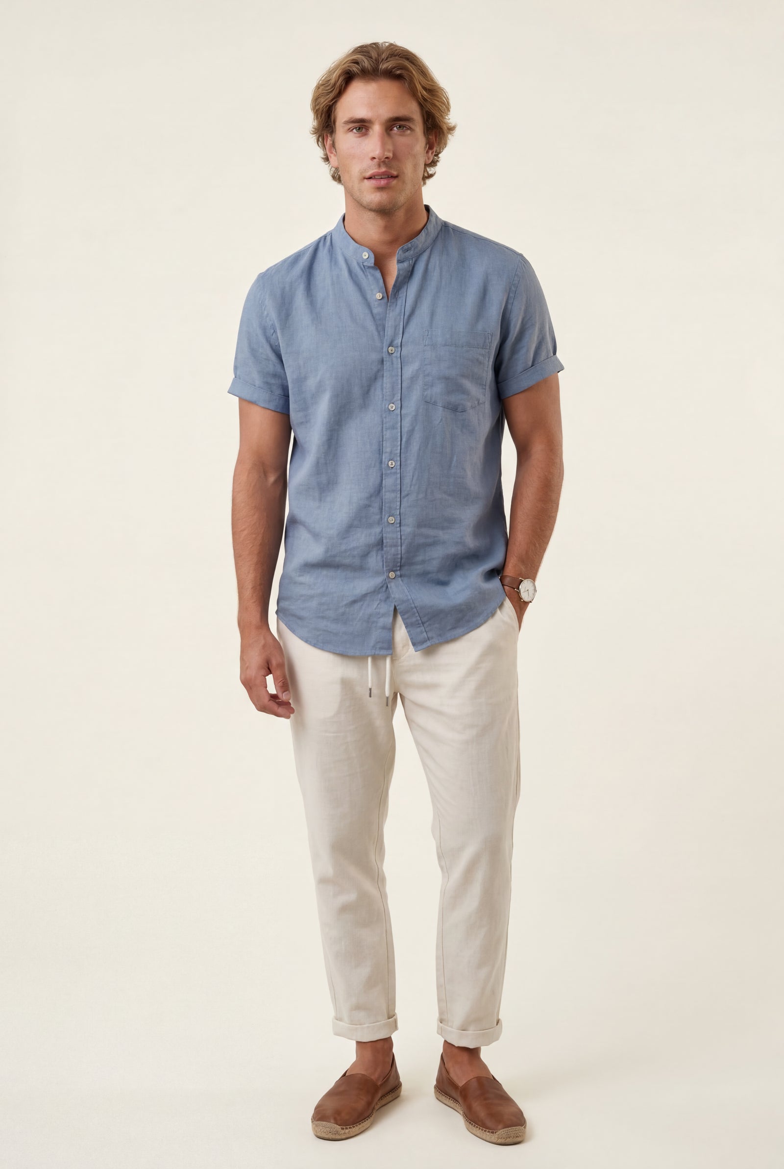 Blue Band Collar Shirt and Drawstring Trouser Casual Set - Photo 2