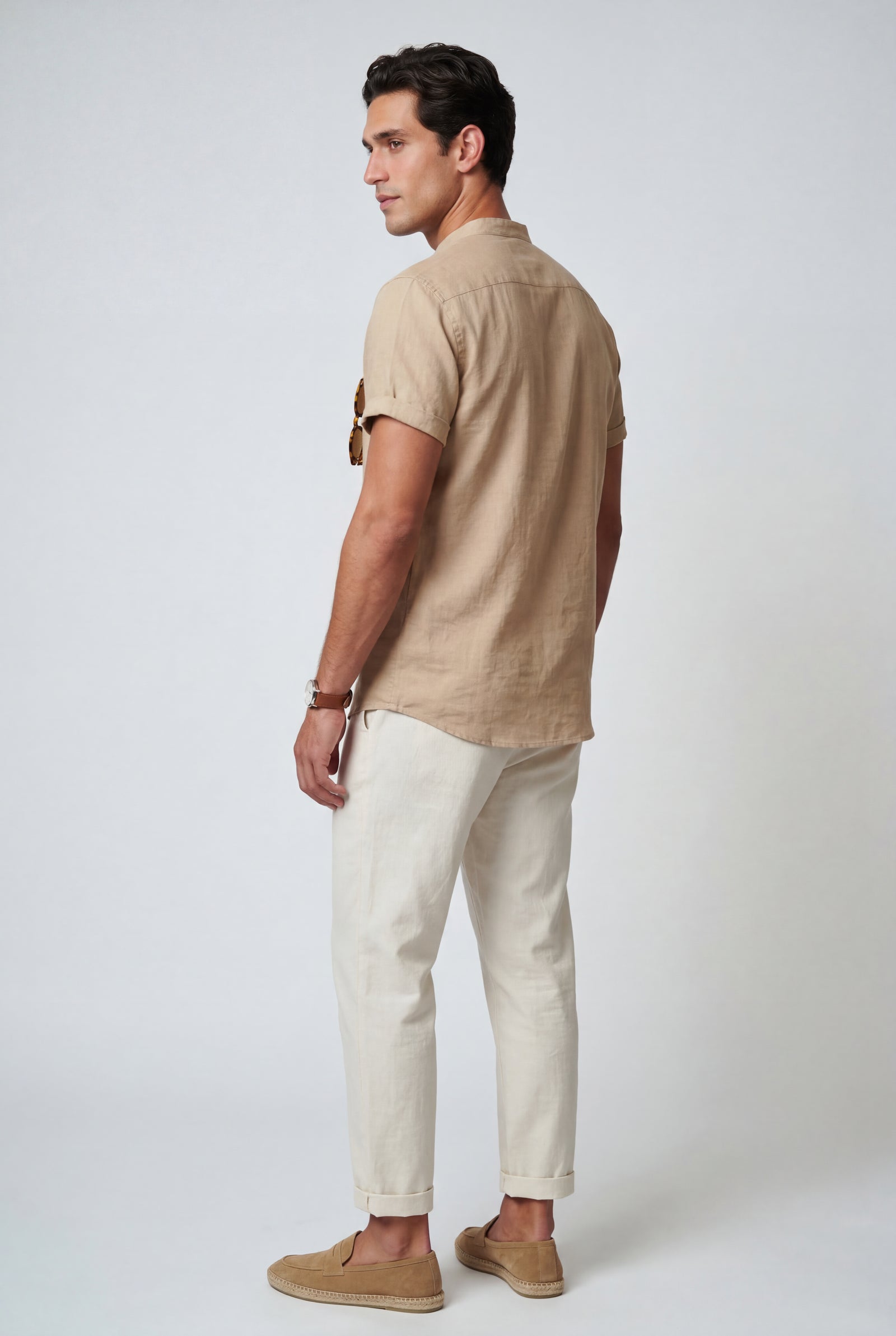 Khaki Band Collar Shirt and Drawstring Trouser Casual Set - Photo 5