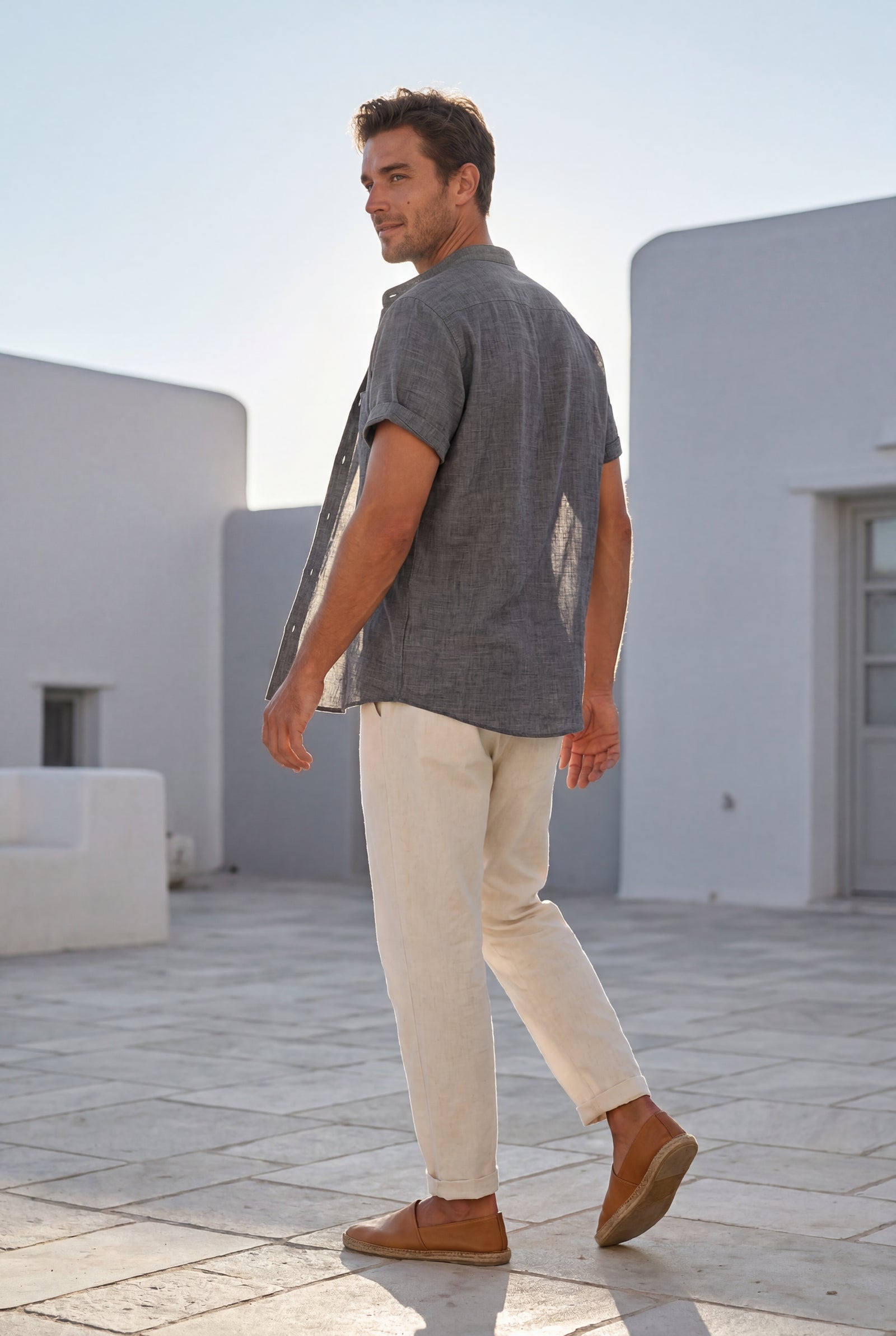 Gray Band Collar Shirt and Drawstring Trouser Casual Set - Photo 7