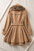 Belted Faux-Fur Collar Coat in Khaki — studio angle