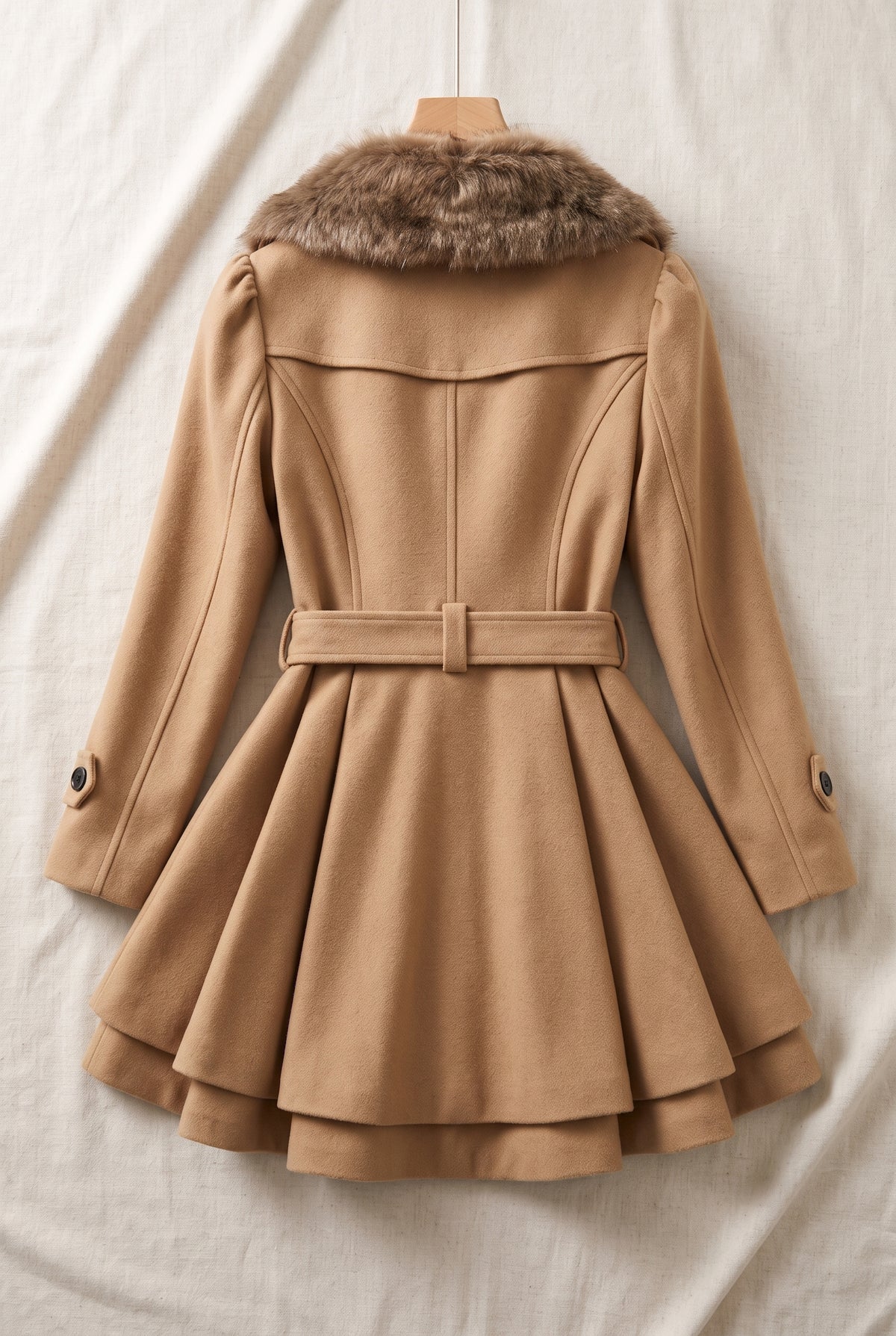 Belted Faux-Fur Collar Coat in Khaki — studio angle