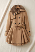 Belted Faux-Fur Collar Coat in Khaki — studio front