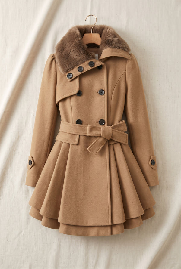 Belted Faux-Fur Collar Coat in Khaki — studio front