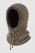 Chunky Knit Hooded Neck Warmer in Khaki — studio front