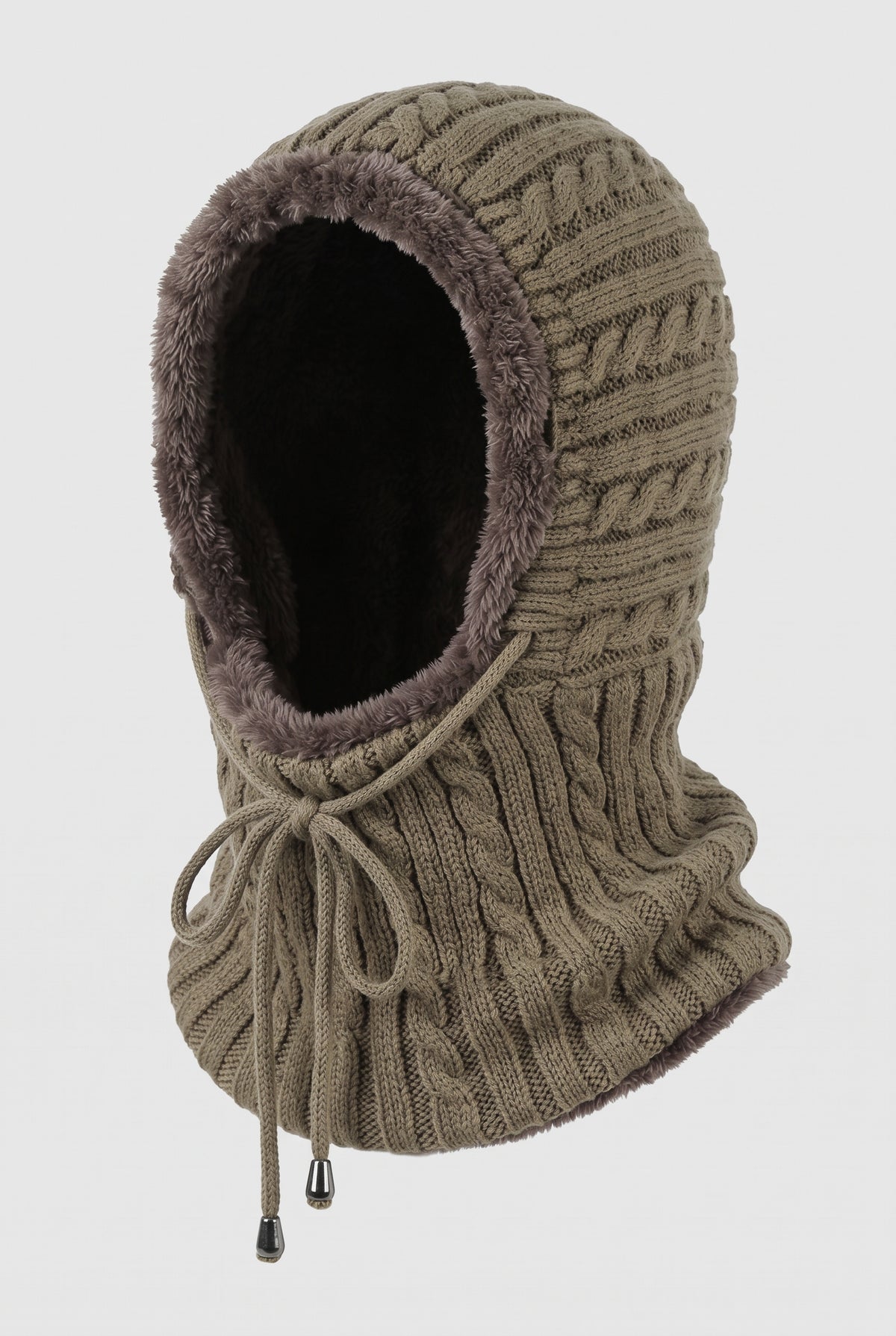 Chunky Knit Hooded Neck Warmer in Khaki — studio front
