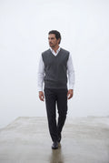 Dark Gray Classic V-neck Sweater Vest with Ribbed Hem - Vests - Photo 10
