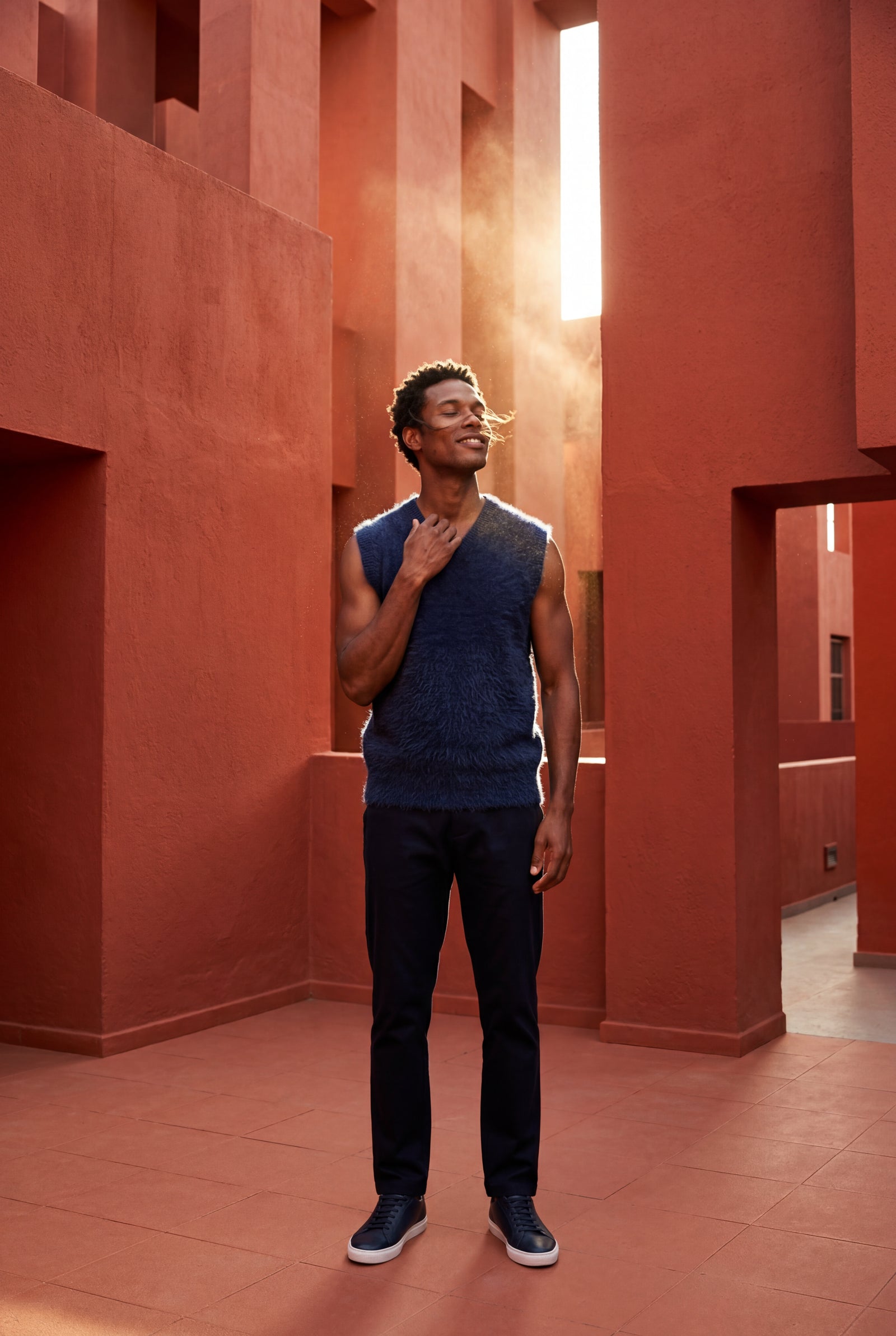 Navy Blue Classic V-neck Sweater Vest with Ribbed Hem - Vests - Photo 17