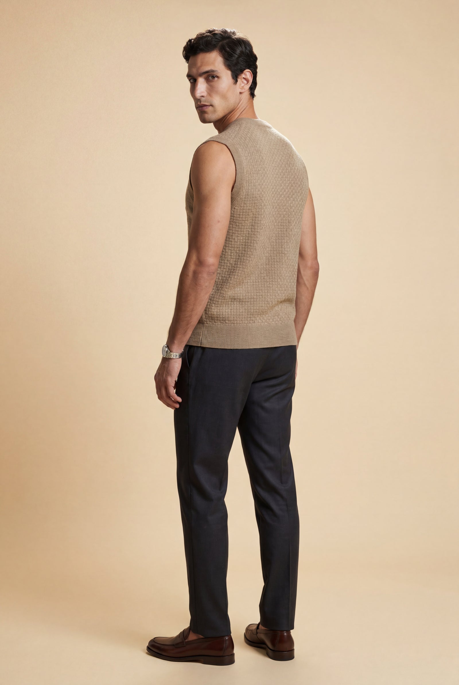 Khaki Classic V-neck Sweater Vest with Ribbed Hem - Vests - Photo 3