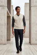 Cream Classic V-neck Sweater Vest with Ribbed Hem - Vests - Photo 6