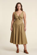 Khaki Corset Bodice Sleeveless Midi Dress with Tie Front - Photo 8