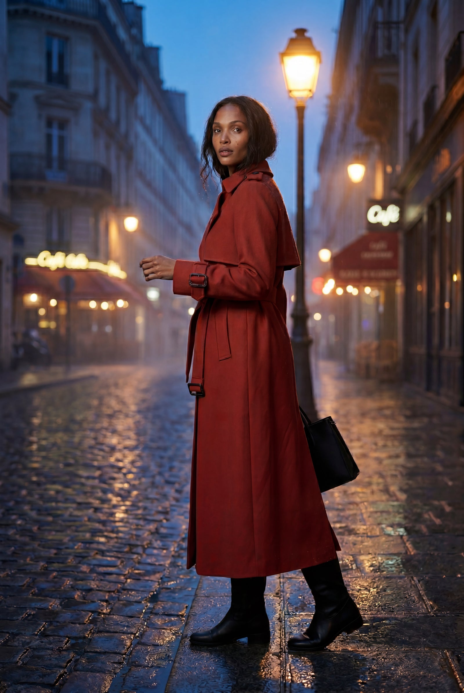 Red Double-breasted Belted Trench Coat with Storm Flap - Photo 11
