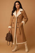 Faux Shearling Trim Overcoat in Khaki — studio front
