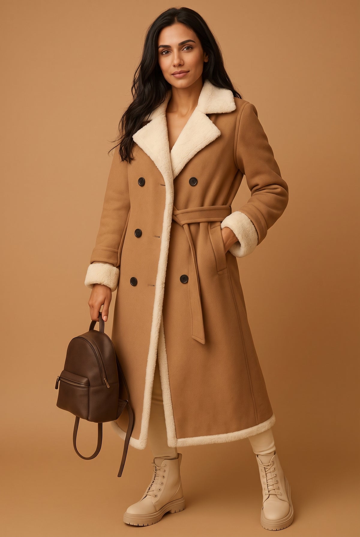 Faux Shearling Trim Overcoat in Khaki — studio front