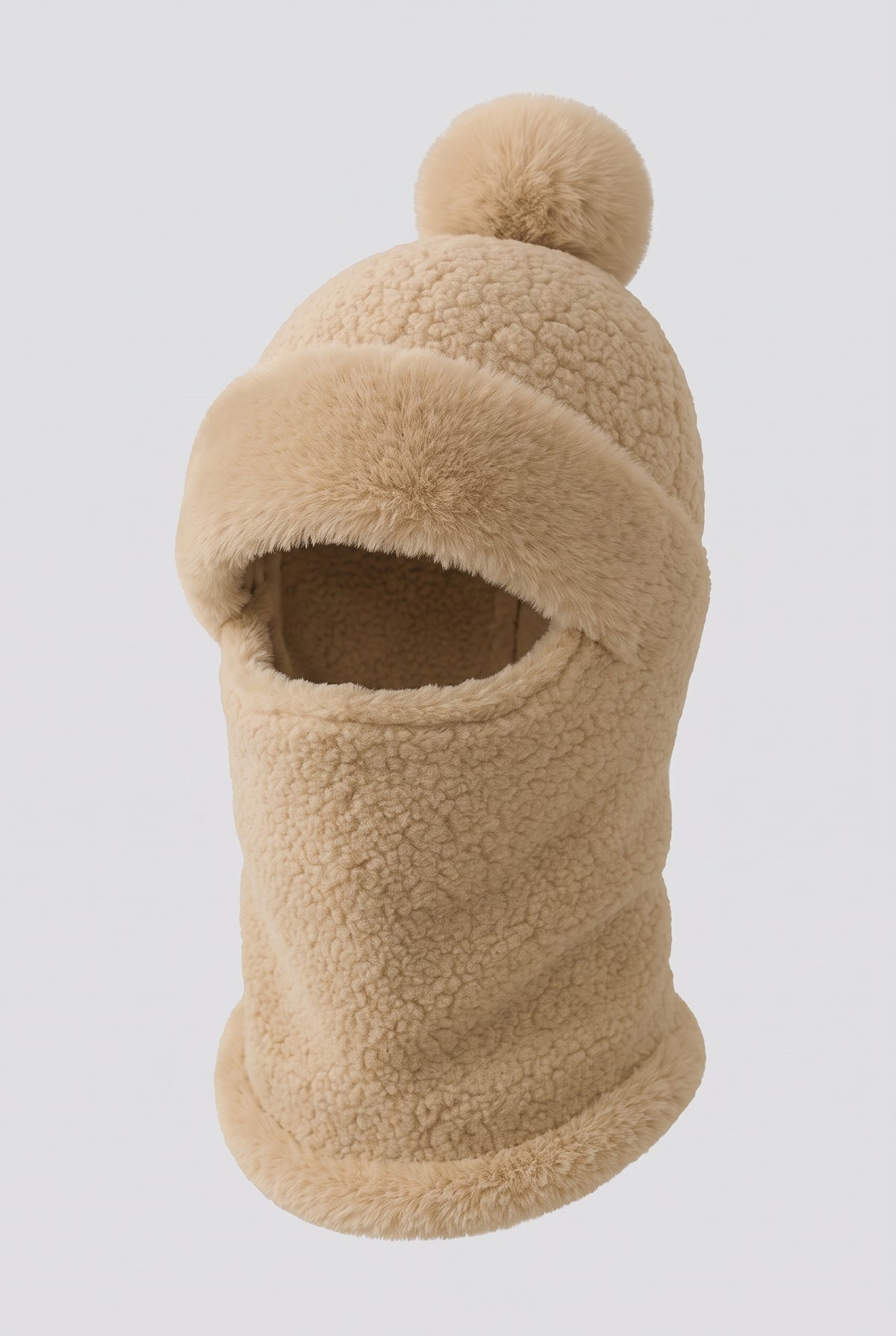 Fleece Pompom Balaclava in Khaki — studio front